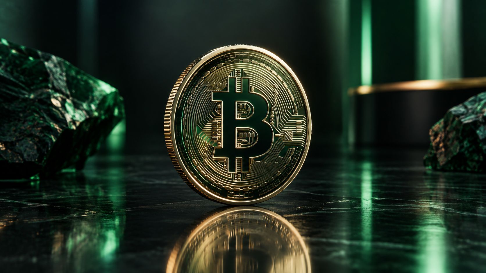 Gleaming physical bitcoin coin standing upright on a reflective dark surface